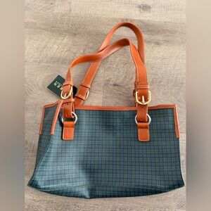 New Ralph Lauren Vintage Plaid Tote Bag with Leather Trim